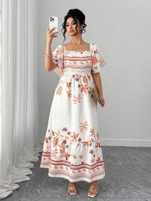 Elenzga Plus Size Elegant Square Neck Leaf Floral Print Back Ruched Waist Short Sleeve Ruffle Hem Maxi Dress Short Sleeve Digital Print Waist Cinched Midi Dress - Multicolor - View 5
