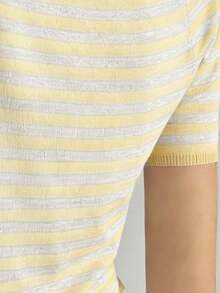 Jouncy 不对称肩部条纹优雅短袖T恤，修身时尚女式上衣，夏季新品 - 黃色 - 查看 5