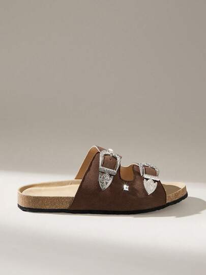 Solecia New Women's Flat Sandals, Slip-On Style, Made Of Matte PU Material With Studded Decorations. Simple, Comfortable, And Versatile, Perfect For Going Out, Shopping, Walking, Or Traveling. Summer Shoes
