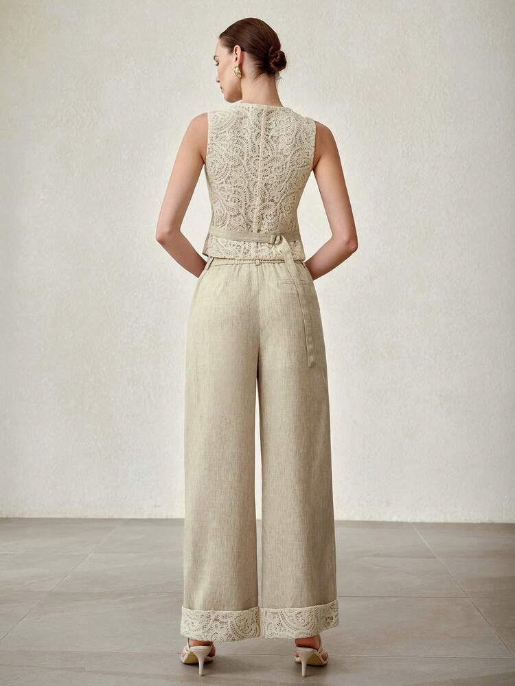 WOMEN'S 2 PIECES SET, NEW HOLLOW-OUT DESIGN, ASYMMETRICAL PATTERN FASHIONABLE TOP & PANTS OUTFITS