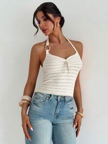 Firerie Women's Halter Neck Hollow Out Knit Top, Summer - Apricot - View 8