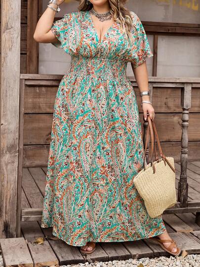 SHEIN CURVE+ Curve Size Music Festival, Seaside Vacation, BohemiaRandom Print Pleated Elastic Waist Women Beach Dress, Summer Holiday Outfit