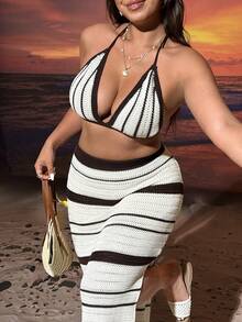 SHEIN EZwear 大码女式毛衣套装，性感休闲优雅露背系带露脐上衣和侧开衩半裙，撞色条纹两件套，女士沙滩装，女士沙滩罩衫，比基尼罩衫套装，女士泳装罩衫，度假装，女士度假服饰 - 彩色 - 查看 6