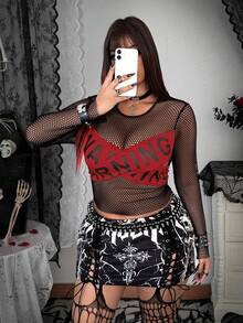 Whyspr 大码女式长袖字母网眼拼接T恤 - 紅色 - 查看 3