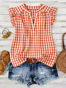 Linhara Blusa de cuello en V con pliegues y mangas cortas, a cuadros, para mujer de talla grande, de verano - Naranja - Ver 1