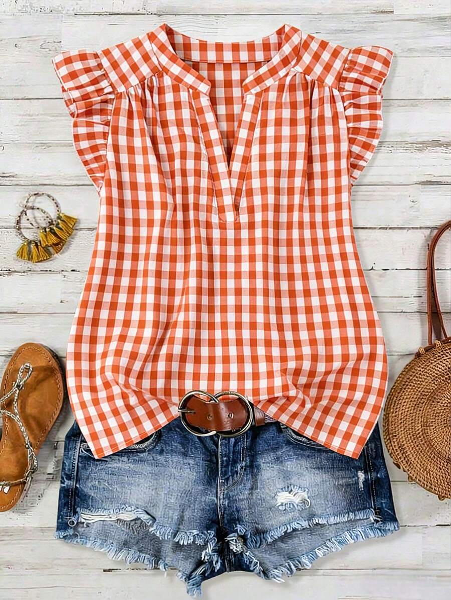 Linhara Blusa de cuello en V con pliegues y mangas cortas, a cuadros, para mujer de talla grande, de verano - Naranja - Ver 1
