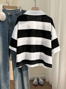 Comfortcana Plus Size Black Striped Loose Short Sleeve Polo Neck T-Shirt - Black and White - View 2