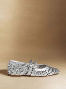 Rosivie Zapatos de mujer con punta cuadrada pequeña, suela plana, plateados, tejidos a mano, cómodos, transpirables, con correa elástica, de moda y versátiles, zapatos planos tipo Mary Jane para vacaciones y salidas de mujer - Plata trenzada - Ver 2