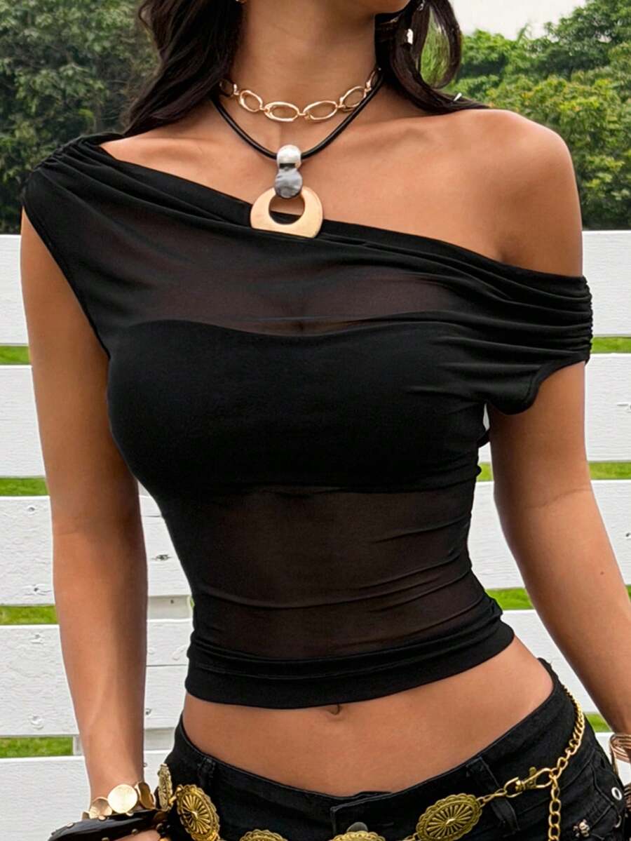 SHEIN EZwear 女士西部风格黑色网纱露肩上衣 - 黑色 - 查看 1