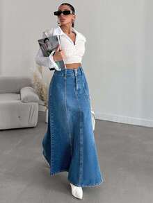 EURMUSE Women's Solid Color Casual Denim Skirt - Light Wash - View 3