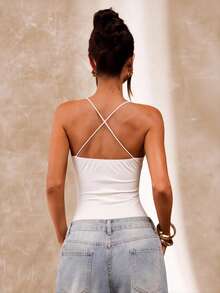 SHEIN BAE 棕色串珠吊带连体衣，夏季性感复古紧身吊带连体衣，沙滩度假吊带衫，串珠吊带衫 - 白色 - 查看 2