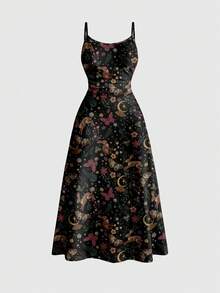 ROMWE Fairycore Plus Size Hippie Rabbit Cute Beach Sun Moon Star Plant Sexy Slip Dress, Suitable For Spring/Summer Vacation - Black - View 1