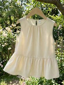 SHEIN Kids Summer Spring Squishy Summer Tops Teen Girls Blue Sleeveless Bow Collar Blouse, Casual Preppy Style Shirt Tween Girl Butter Yellow Tank Top Girls Peplum Top Girls Pastel Yellow Tops - Blue - View 1