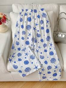 SHEIN Sweetro Quần ống rộng dáng suông màu nâu in hình vỏ sò và sao biển, thoải mái, đa năng dành cho nữ, thích hợp cho mùa xuân/hè, trang phục đi nghỉ mát, trang phục đi biển cho nữ, quần in hình sao biển, quần áo in hình vỏ sò. - Xanh và trắng - Xem 2