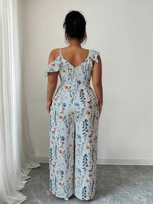 Selianne Women's Plus Size Floral Print Off-Shoulder Ruffle Jumpsuit,Light Blue Summer Boho Tea Party Wide Leg Spaghetti Strap Casual Romper Outfit - Blue - View 2