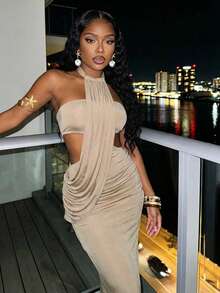 Slaydiva New Early Spring, Spring And Summer Music Festival, Valentine's Day, Easter, Bohemian Style, Nomadic Style, Casual, Simple And Basic, Cruise Party, Birthday Party, Daily Date, Casual Vacation, Elegant Commuting, Halter, Strappy, Wavy Design, Waist And Back Exposed, Hip Pleated, Slimming Long Dress, Khaki Dress, Long Dress For Women -A - Khaki - View 3