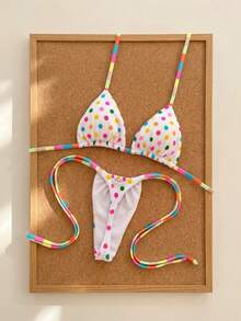 Swim Mod Neck Tie Printed Soft Fabric Thong Bikini Swimsuit Set - Multicolor - View 4
