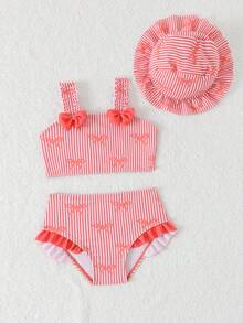 Baby Girl 3 Piecesbowknot Plaid Beachwear Set With Adorable Plaid Hat - Rose Red - View 4