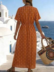 SHEIN Holidaya Đầm nữ in hoa cổ chữ V tay cánh dơi kiểu dáng thường ngày - Màu nâu tối - Xem 2