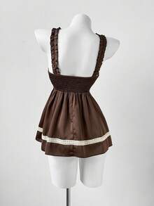 Sunspun New Arrival Sweet Elegant Going Out Tops, Bow Accent, Acetate Linen Blend Lace Trim Bowknot Ruffle Hem Cropped Camisole, Spring/Summer/Fall - Coffee Brown - View 2