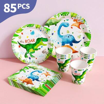 Jungle Roaring Dragon Disposable Plates, Napkins And Cups Set, Serves 20 Guests. This Disposable Party Set (Including Plates, Napkins And Cups) Is Perfect For Birthday Parties, Weddings And Family Picnics.