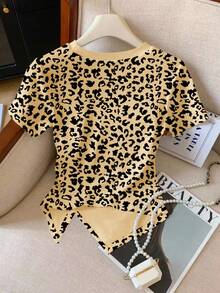 Resyla Women's Spring/Summer New Arrival Leopard Print Pattern Round Neck Slim Fit Bodycon T-Shirt - Multicolor - View 2
