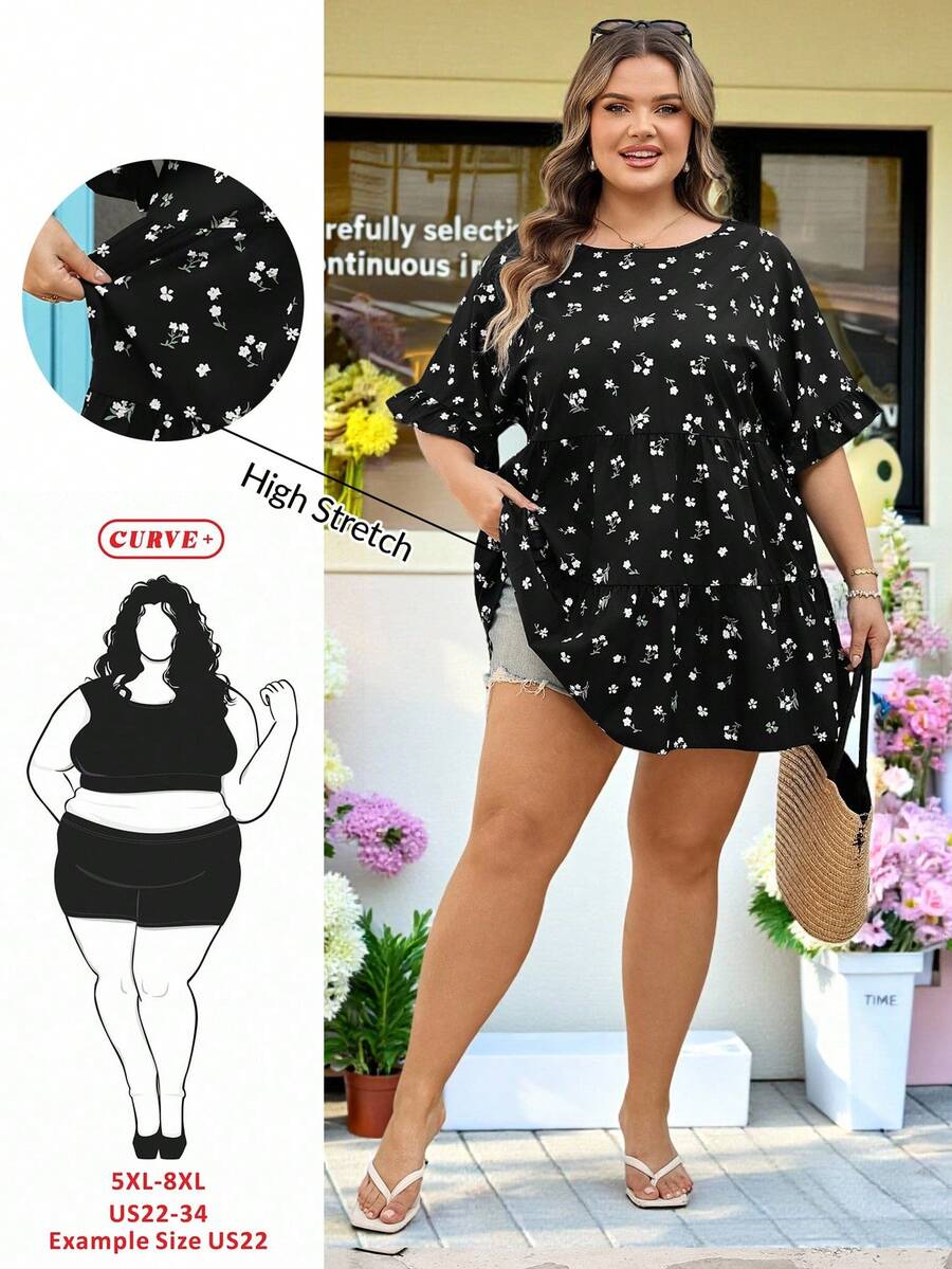 SHEIN CURVE+ Curve 尺码 US22 音乐节、海滨度假、波西米亚风女士夏季休闲褶皱花卉灯笼袖复古波西米亚风衬衫 - 黑色 - 查看 1