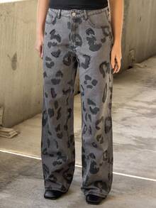 Kuleshova Women's Fashion Leopard Print Belted Casual Rhinestone Embellished Jeans - Dark Grey - View 3