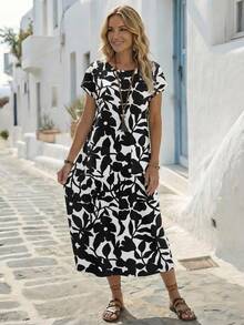 EMERY ROSE Vestido casual de cuello redondo con bolsillo, para uso diario y vacaciones, con estampado total para mujer - Multicolor - Ver 4