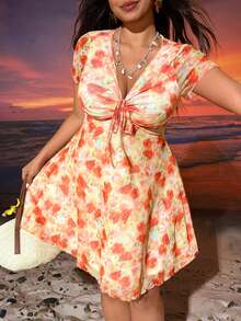 SHEIN EZwear Cherry Print Elastic Ruched Waist A-Line Plus Size Dress, Spring/Summer - Orange - View 5