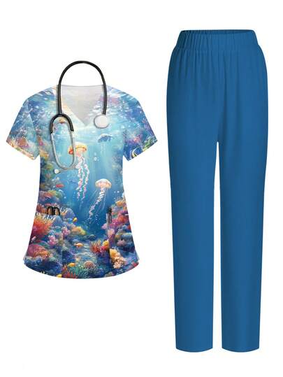 PopScrub 海底世界水母珊瑚印花V领短袖带口袋连衣裙，侧开衩，两件套，适合春夏穿着，护士服/手术服