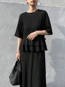 FRIFUL 女士圆领层叠荷叶边露背拼接直筒下摆长款夏季连衣裙 - 黑色 - 查看 4