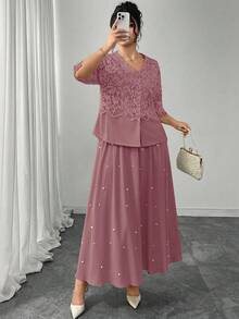 Modelyn 蕾丝拼接衬衫搭配百褶裙，珍珠点缀，松紧腰身，时尚显瘦两件套，优雅女士适用，大码可选 - 藕粉色 - 查看 6