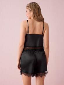 Bonmuse 蕾丝边缎面吊带背心和短裤睡衣套装/睡衣套装 - 黑色 - 查看 2