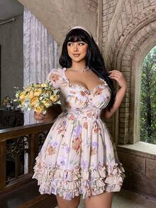 Lyrianda Plus Size Women's Brown Digital Floral Print Puff Sleeve Cute Fashionable Dress Gym Summer - Pink - View 3