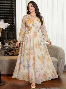 Modelyn Plus Size Women's Floral Print Elegant Cinched Waist A-Line Dress - Apricot - View 5