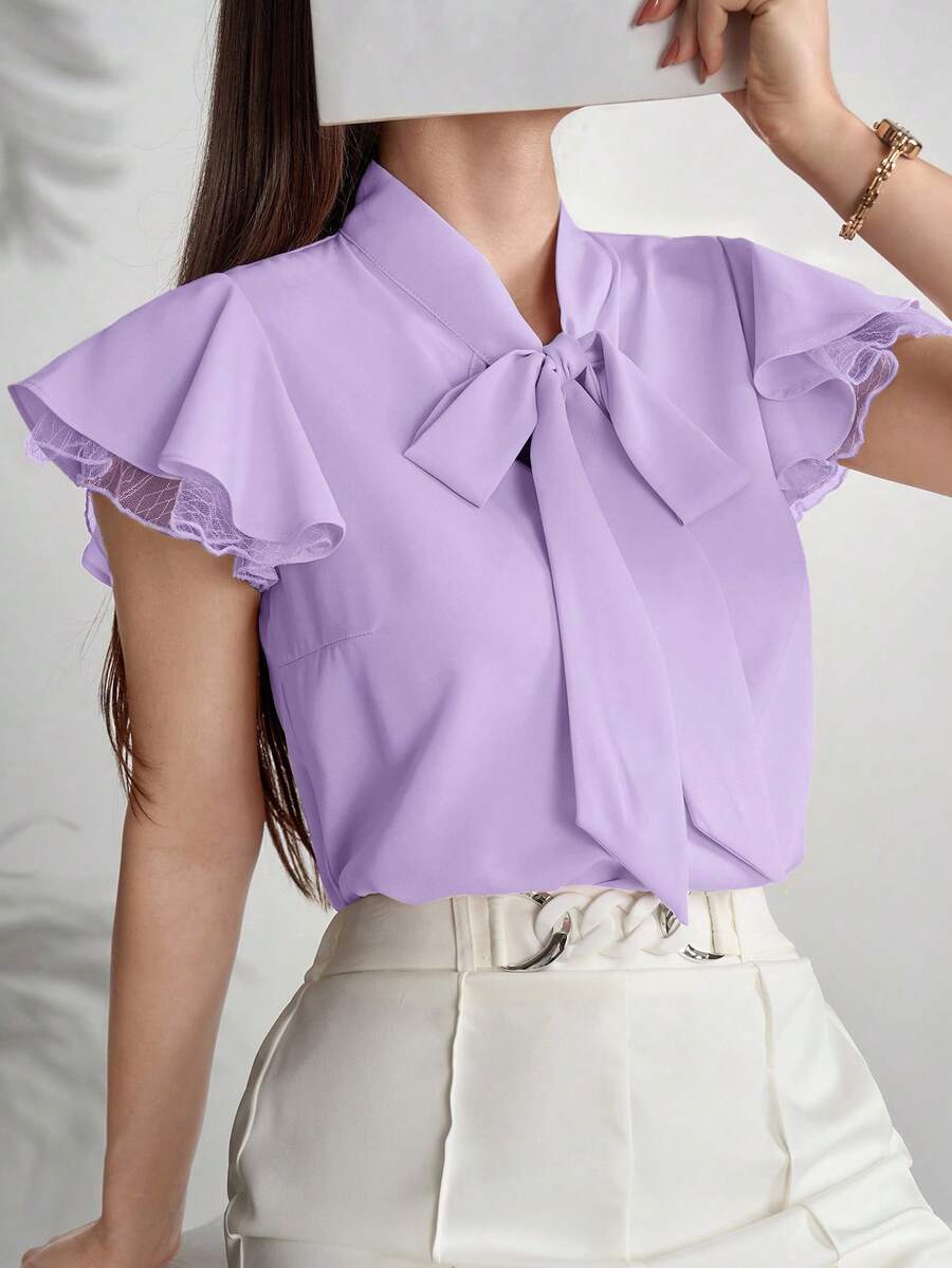 Modelyn Blus Elegan Wanita Warna Polos dengan Kerah Ikat dan Lengan Berkerut, Atasan Musim Panas - Purple - View 1
