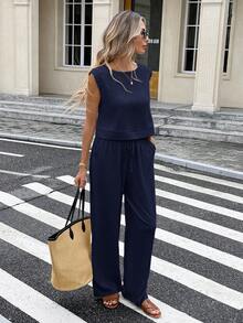 Serisse 女士夏季休闲圆领上衣和裤子两件套 - 藏蓝色 - 查看 5