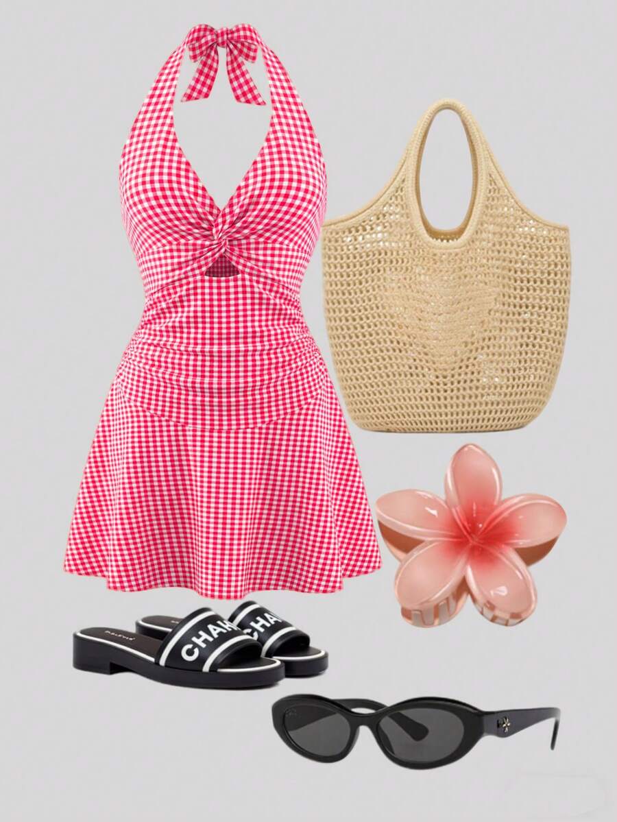 GlowEve 女士格子吊带扭结设计短裙 - 紅色 - 查看 1