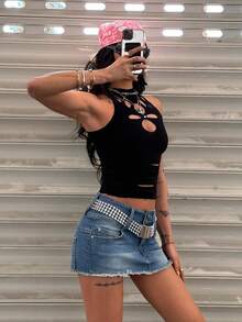 SHEIN Jeanoir Women's Y2K Casual Fashionable Street Chic Daily Commute Frayed Hem Low Waist Denim Mini Skirt (Belt Not Included) - Light Wash - View 7