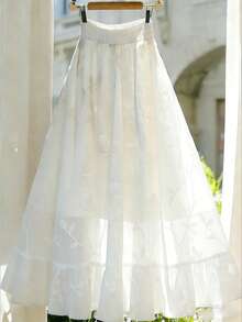 GlowEve White Jacquard Embroidered High Waist A-Line Lace Elegant Women Skirt - White - View 1