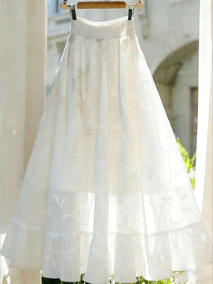 GlowEve White Jacquard Embroidered High Waist A-Line Lace Elegant Women Skirt - White - View 1