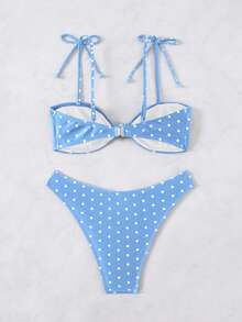 Swim Basics 女士黑白波点印花扭结系带比基尼套装，休闲度假款 - 彩色 - 查看 2