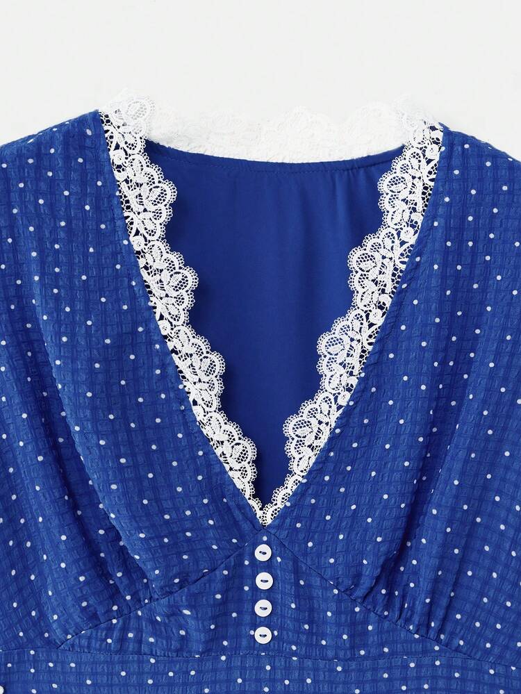 Vestido Curto de Chiffon Plissado com Estampa de Bolinhas Azuis e Xadrez, Manga Curta, Primavera Verão