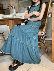 Livesso Women's Cotton Ruffle Sleeveless Top And Casual Denim Skirt Set, Summer - Medium Wash - View 4