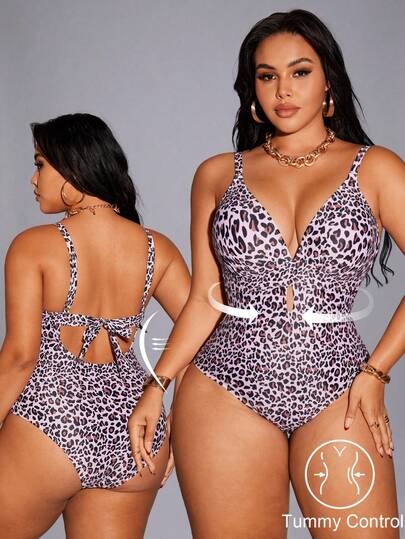 Shapewave Plus Size Women Leopard Print Tummy Control One-Piece Swimsuit