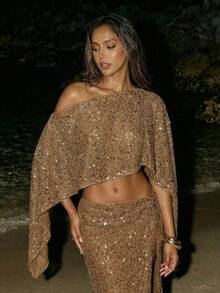 SHEIN ICON Women's Sequin Shoulder Cut Short Casual Versatile Daily Wear Top,Summer Top - Brown - View 3