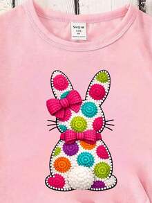 Camiseta de uso diario versátil y casual con cuello redondo y estampado de dibujos animados para niñas jóvenes - Rosa - Ver 4