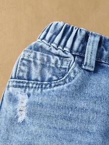 SHEIN Jeans para niñas, de algodón cómodo, diseño desgastado, uso casual diario, adecuado para salidas, fiestas, viajes, regreso a la escuela, nueva llegada, pantalones vaqueros versátiles para exteriores y transporte - Azul lavado medio - Ver 7