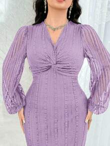 Feyla Damen V-Ausschnitt Twist Design Laternärmel elegantes Kleid - Grauviolett - Übersicht 6